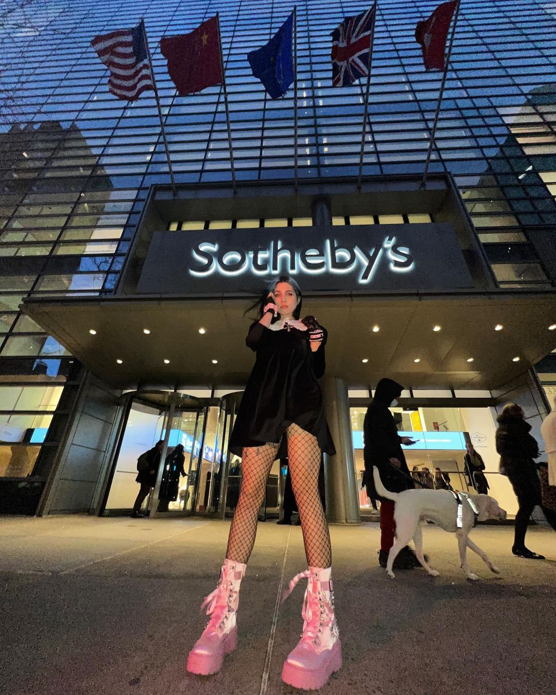 Nadya Tolokonnikova standing outside Sotheby's New York, 7 March 2023
