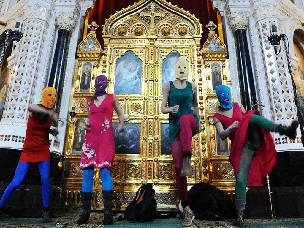Pussy Riot performing their punk sermon in Moscow's Cathedral of Christ the Saviour on 21 February 2012